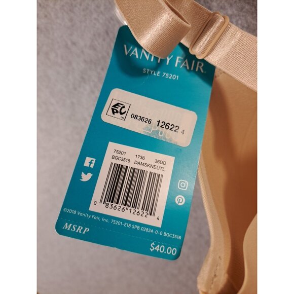 Vanity Fair Womens 36DD Nearly Invisible Full Coverage Beige Underwire Bra 75201 - Picture 5 of 6